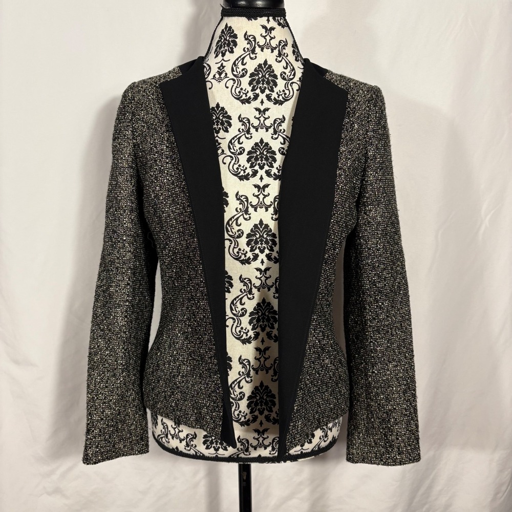 Kasper Separates Petite Black Tweed Collarless Open Front Jacket Blazer 6P